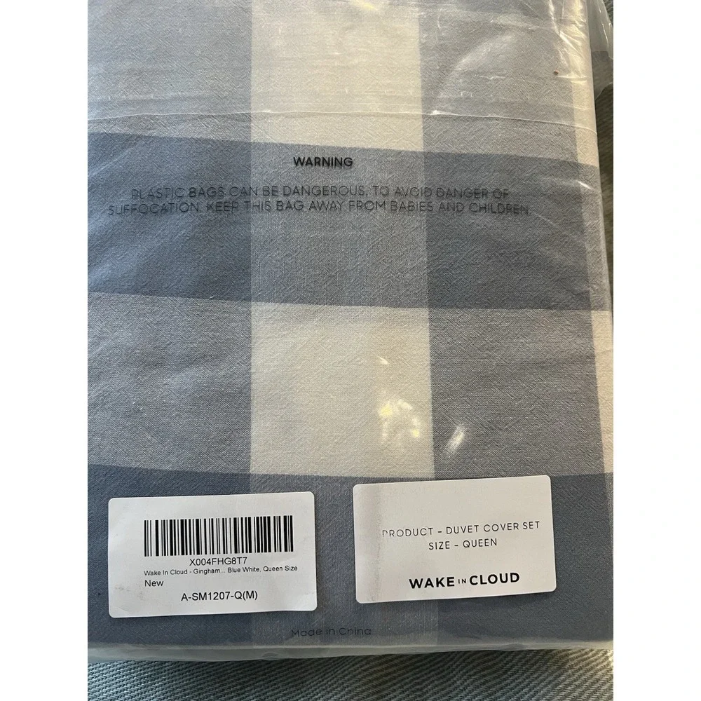 Wake In Cloud Queen Gingham Blue White Duvet Cover Set 3pc Zip A-SM1207-Q(M) NWT